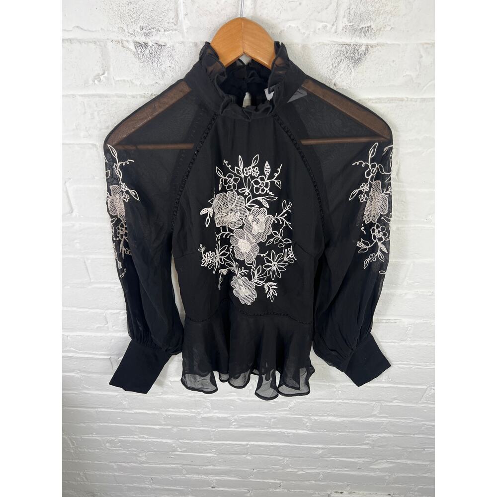 ASOS Women's Long Sleeve High Neck Sheer Top Contrast Embroidery Black Size 2